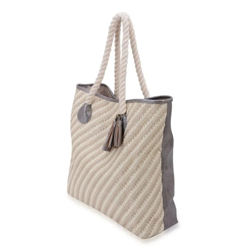 J FRANCIS Tote Bag Silver and Ivory Faux Leather